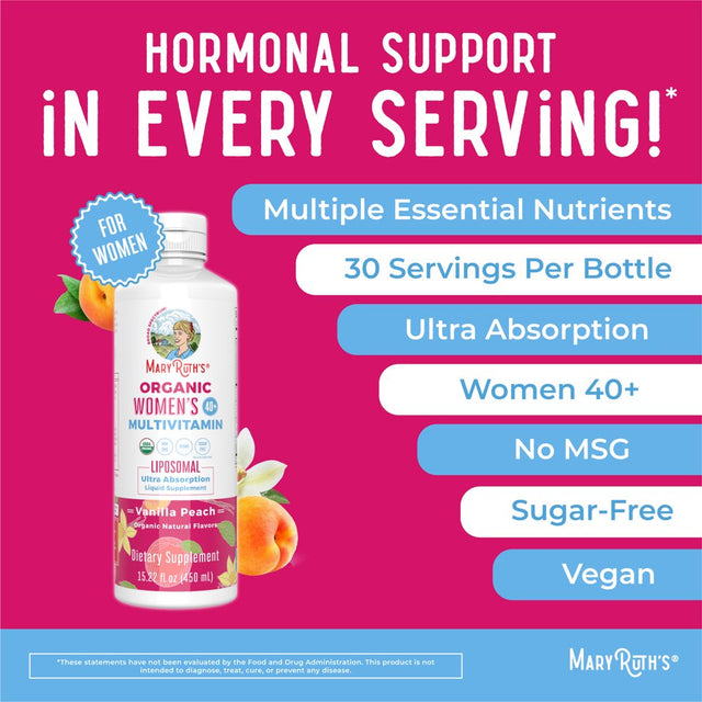 Maryruth'S | USDA Organic Women'S Multivitamin | Liquid Liposomal | Hormonal Support & Immune Support | Vanilla Peach | Sugar Free, Vegan | 15.22 Fl Oz