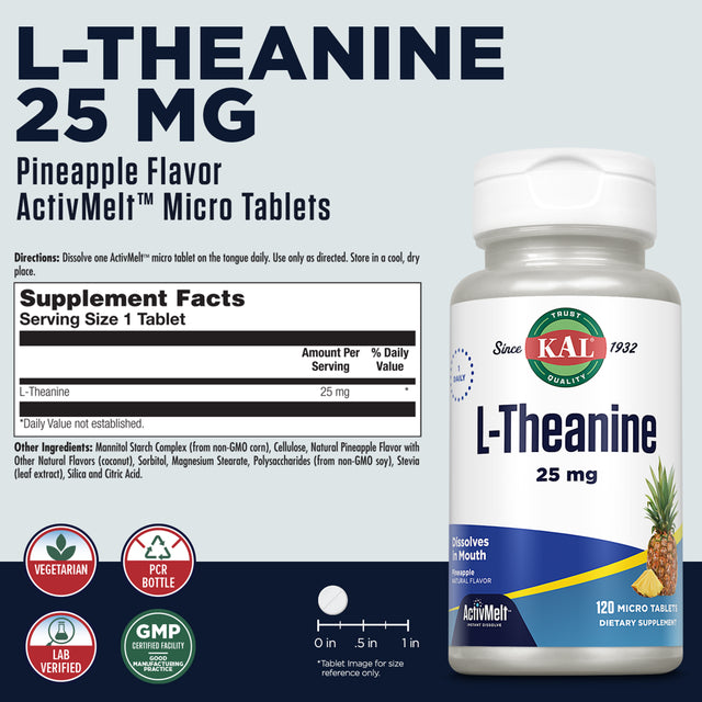 KAL L-Theanine 25 Mg Activmelt | Healthy Relaxation, Stress, Mood & Focus Support | Natural Pineapple Dream Flavor | Vegetarian | 120 Micro Tablets