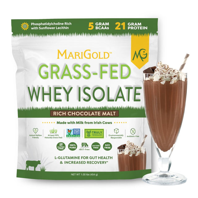 Marigold Grass-Fed Whey Isolate Protein Powder Rich Chocolate Malt 1LB - Cold Processed, Undenatured, Non-Gmo, Rbgh Free, Soy Free, Gluten Free