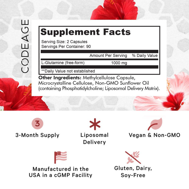 Codeage Liposomal L-Glutamine 1000Mg Supplement, Free-Form Glutamine Formula, 3-Month Supply, 180 Ct