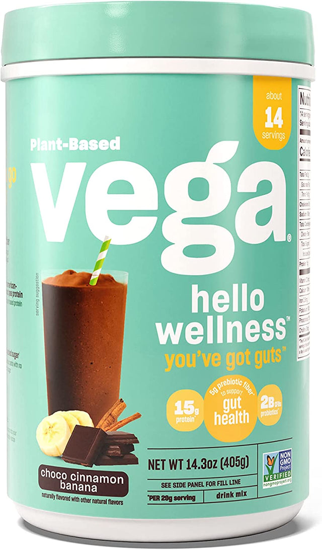 Vega Hello Wellness You’Ve Got Guts Blender Free Smoothie, Choco Cinnamon Banana - Plant Based Vegan Protein Powder, 5G Prebiotic Fiber, 0G Added Sugar, 14.3 Oz (Packaging May Vary)