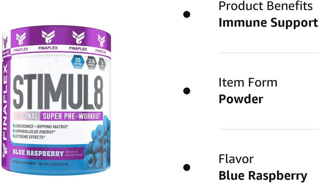 FINAFLEX STIMUL8 Original Super Pre-Workout, Blue Raspberry - Energy, Strength & Endurance for Men & Women - with Caffeine, Beta-Alanine & Vitamin C - 35 Servings