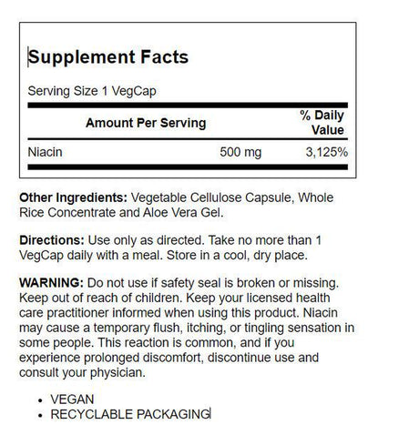 Solaray Niacin 500 Mg, Vitamin B3 | Skin Health, Cardiovascular, Nervous System & Circulation Support | 100Ct