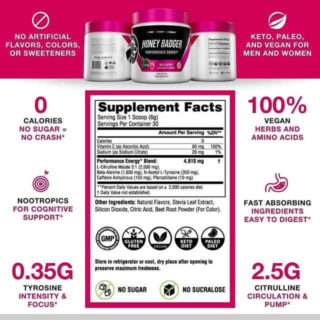 Honey Badger Pre Workout Powder & BCAA Amino Acids Powder Bundle | Beta Alanine, Caffeine & Vitamin C + Electrolytes | Vegan Keto Sugar Free & Paleo for Men & Women | 30 Servings (Wild Berry)