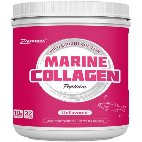 Zammex Anti-Aging Marine Collagen Peptides Powder 11.3 Oz, Unflavored Hydrolyzed Type 1 & 3, Wild-Caught Fish, USA Made