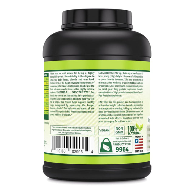 Herbal Secrets Pea Protein Powder - 5 Lbs (Non-Gmo) Unflavored - Supports Lean Mass Muscle - Supports Energy Production - Supports Cardiovascular & Kidney Health*