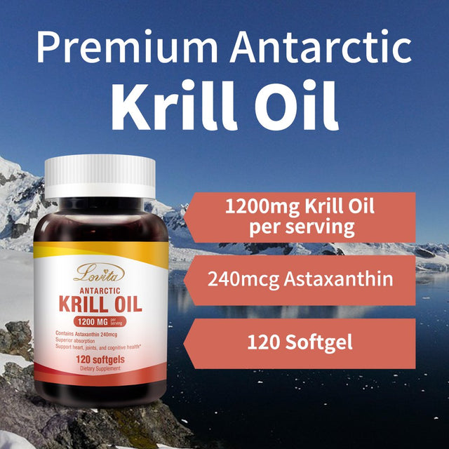 Lovita Krill Oil 1200Mg with Astaxanthin, EPA DHA Omega 3 Supplement, anti Inflammatory Supplement for Brain Booster, Joint Health and Cardiovascular Health, 120 Krill Oil Softgels