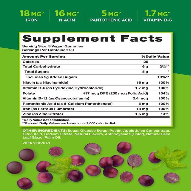 Iron Gummies | 60 Count | Vegan, Non-Gmo & Gluten Free Supplement | with B Vitamins & Zinc | Grape Flavor | by Natures Truth