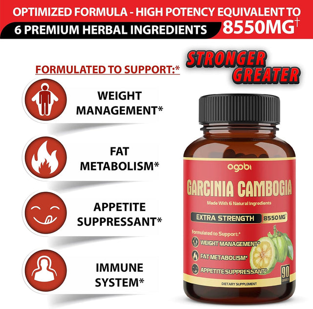 Agobi Pure Garcinia Cambogia Capsules 8550Mg - 6In1 with Green Tea, Arjuna, Garlic Bulb, Turmeric & Black Pepper - Weight Support Supplement - Appetite Suppressant - 90 Counts