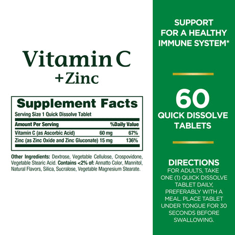 Nature'S Bounty Vitamin C + Zinc Quick Dissolve Tablets for Immunte Support, 60 Ct