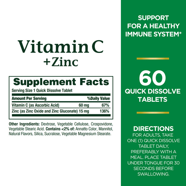 Nature'S Bounty Vitamin C + Zinc Quick Dissolve Tablets for Immunte Support, 60 Ct