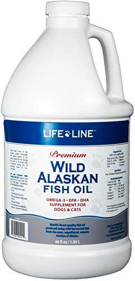 Life Line Pet Nutrition Wild Alaskan Fish Oil Omega-3 Supplement for Skin & Coat - Supports Brain, Eye & Heart Health in Dogs & Cats, 66Oz