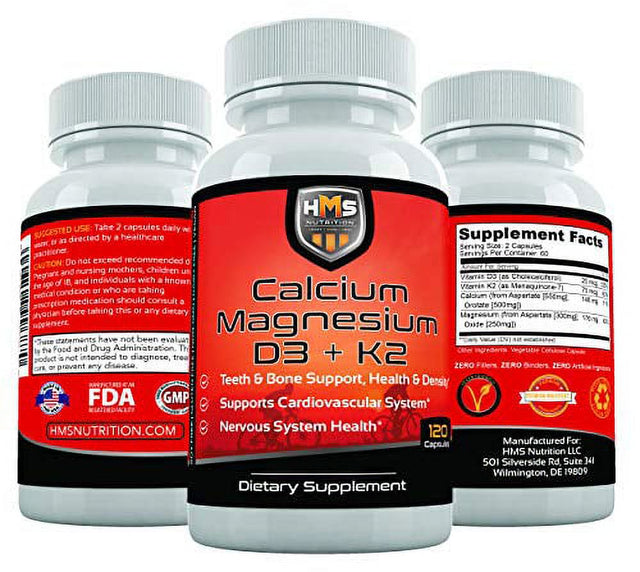 HMS Nutrition Calcium, Magnesium, Vitamins D3 and K2 - 120 Vegan Capsules, 60 Day Supply - Supports Lung & Immune System Health, Strong Bones & Teeth - Non-Gmo