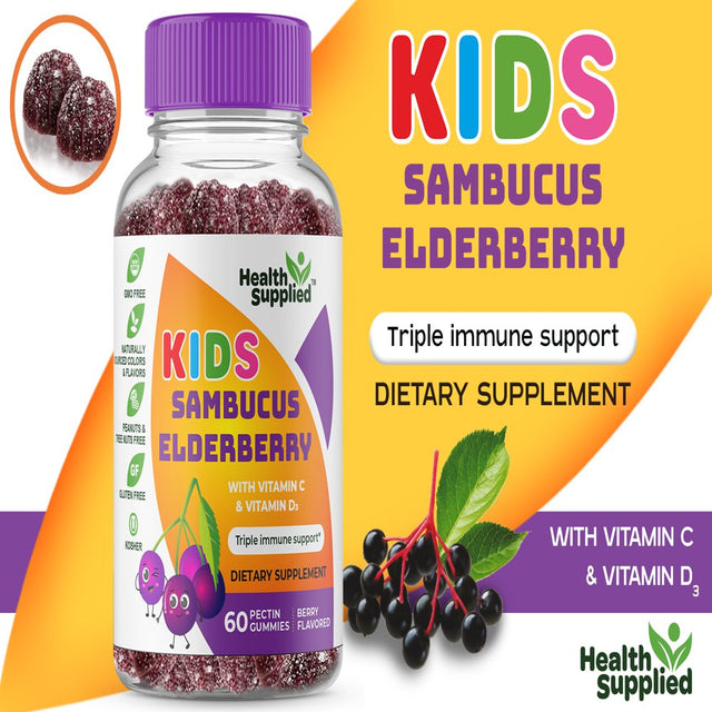 Health Supplied Sambucus Black Elderberry Gummies for Kids | Triple Immune Support | Elderberry plus Vitamin C & D