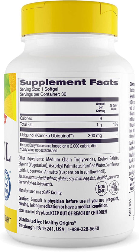 Healthy Origins Ubiquinol 300 Mg (Kaneka QH, Non-Gmo, Gluten Free, Heart Support, Energy Support), 30 Softgels