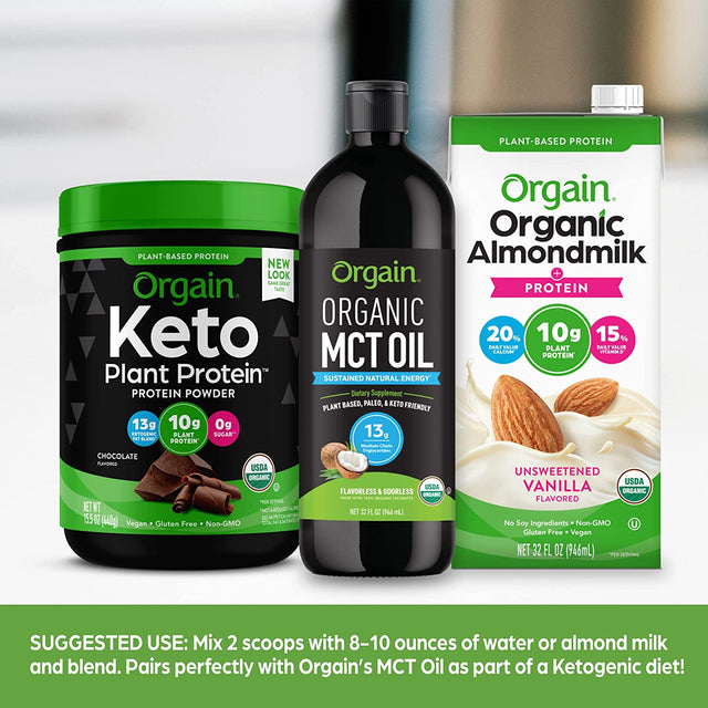 Orgain Organic Keto Vegan Protein Powder, Chocolate - 10G Plant Based Protein, Gluten Free Ketogenic Blend, Dairy Free, Lactose Free, Soy Free, No Sugar Added, for Smoothies & Shakes - 0.97Lb