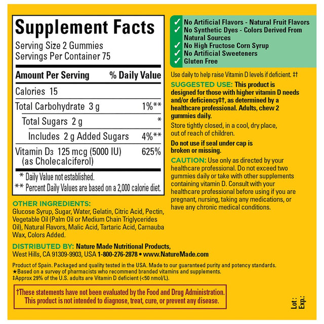 Nature Made Extra Strength Vitamin D3 5000 IU (125 Mcg) per Serving Gummies, Dietary Supplement, 150 Count