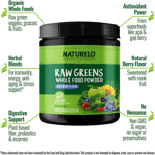 NATURELO Raw Greens Superfood Powder - Wild Berry Flavor - Boost Energy, Detox, Enhance Health - Organic Spirulina - Wheat Grass - Whole Food Nutrition from Fruits & Vegetables - 60 Servings