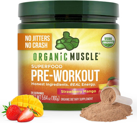 Organic Muscle Clean Pre Workout Powder for Men & Women, Strawberry Mango - USDA Organic Preworkout Supplement for Endurance - Vegan, Natural, Plant-Based, & Low Caffeine Pre-Workout Energy Powder