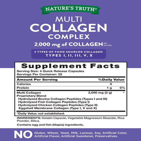 Multi Collagen Protein Capsules | 90 Count | Type I, II, III, V, X | Collagen Peptide Pills | Gluten Free Supplement | by Nature'S Truth