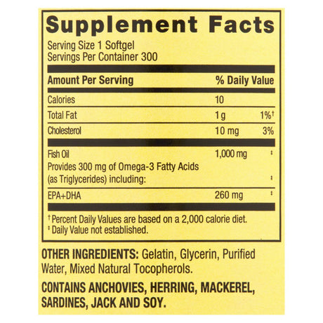 Spring Valley Omega-3 Fish Oil Heart Health Dietary Supplement Softgels, 1000 Mg, 300 Count