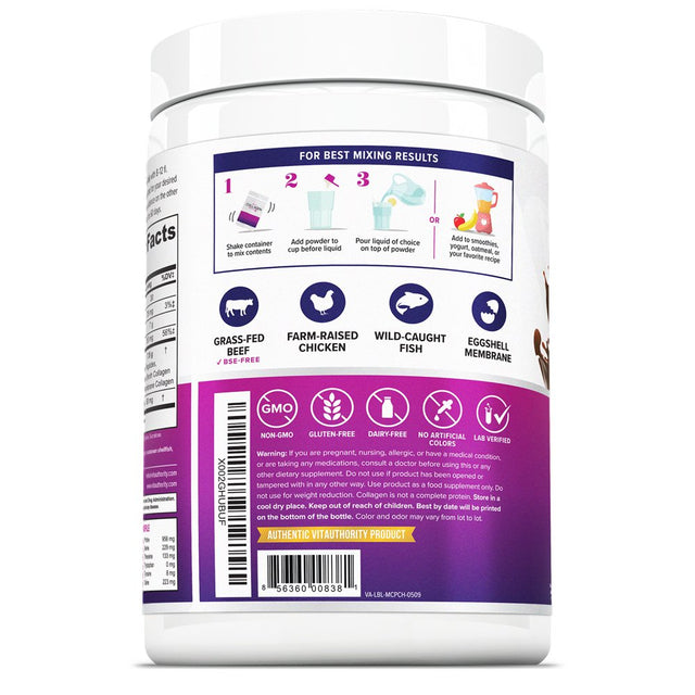 Multi Collagen Peptides plus Hyaluronic Acid and Vitamin C, Hydrolyzed Collagen Protein, Types I, II, III, V and X Collagen, Chocolate Flavor, 30 Servings