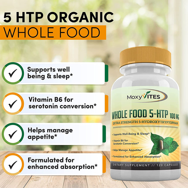 5HTP 100Mg Supplement, plus B6, 5 HTP Organic Whole Food - Best Serotonin Booster - Non-Gmo, 120 Vegan Capsules