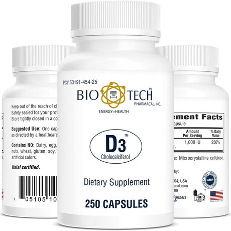 Bio-Tech Pharmacal D3 (1,000 IU), 250 Capsules – All-Natural Supplement – Supports Bone & Immune Health – No Dairy, Fish, Gluten, Peanut, Shellfish, & Soy – No Artificial Colors