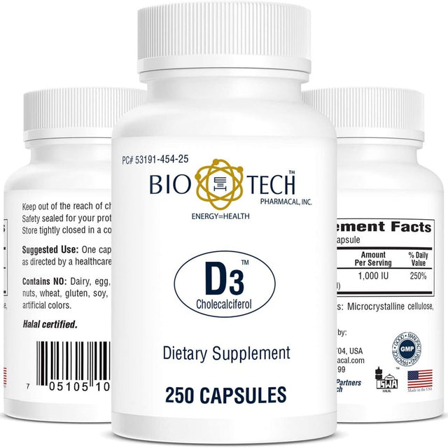 Bio-Tech Pharmacal D3 (1,000 IU), 250 Capsules – All-Natural Supplement – Supports Bone & Immune Health – No Dairy, Fish, Gluten, Peanut, Shellfish, & Soy – No Artificial Colors