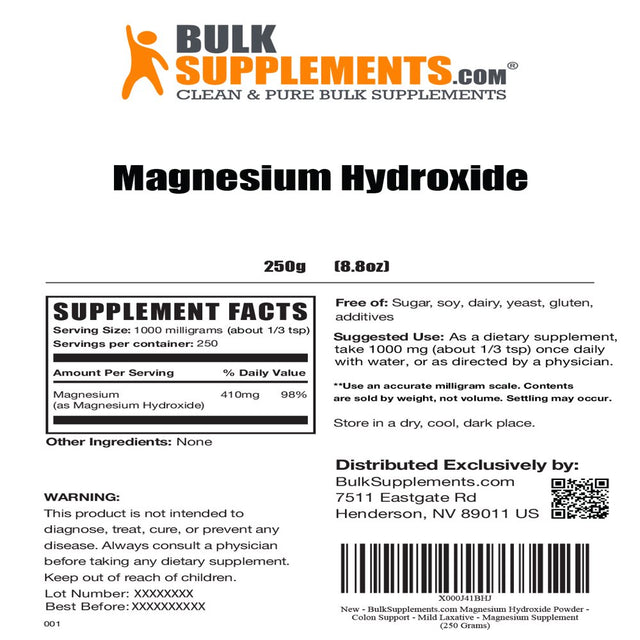 Bulksupplements.Com Magnesium Hydroxide Powder - Colon Support - Mild Laxative - Magnesium Supplement (250 Grams - 8.8 Oz)