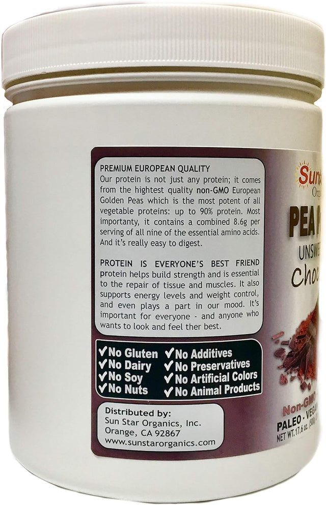 Pea Protein Powder - Unsweetened - Chocolate with Cocoa Powder & Vanilla Bean - Soy Free, Non-Gmo 17.6 Oz