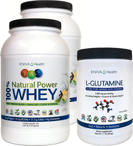 L-Glutamine Powder 101 Servings Non GMO with Eniva Natural Power 100% Whey Protein, 5.28 Lb Organic Bundle USA Made