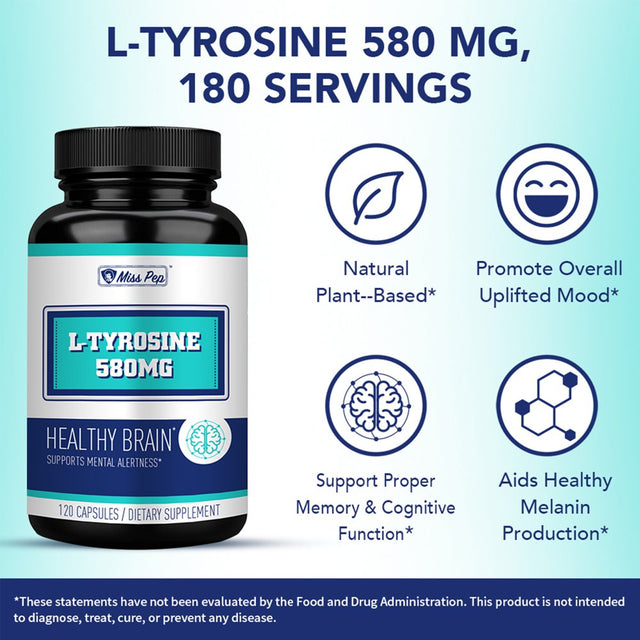 L-Tyrosine 500 Mg Supplement, Mood Support and Stress Relief, 120 Vegan Capsules, for Norepinephrine Production, Misspep Nutrition