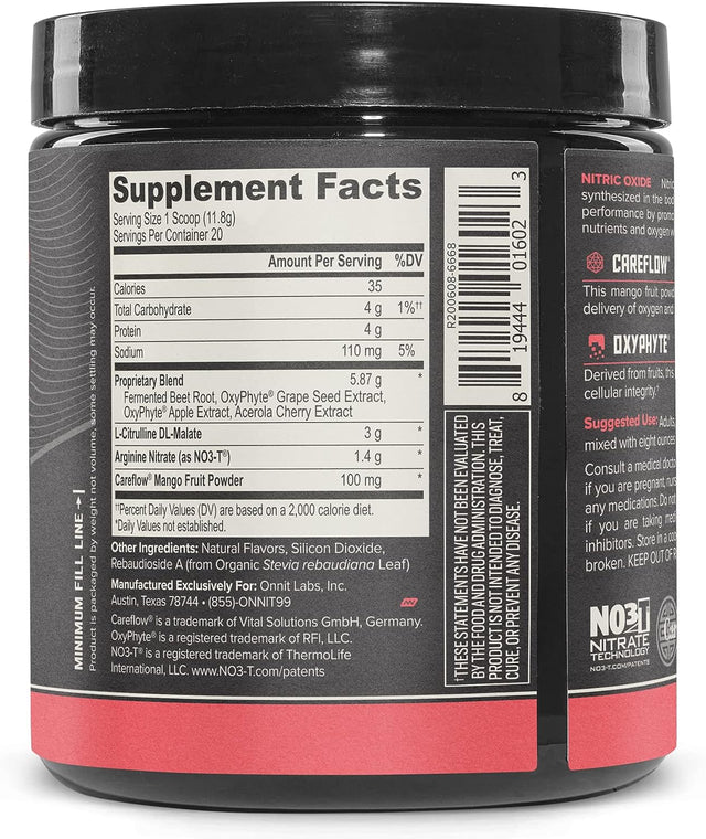 ONNIT Total Nitric Oxide - Caffeine Free Pre Workout Powder W/ Beet Root, L Arginine & L Citrulline Malate | Boost Energy & Recovery | Harvest Fruit Flavor - 20 Servings