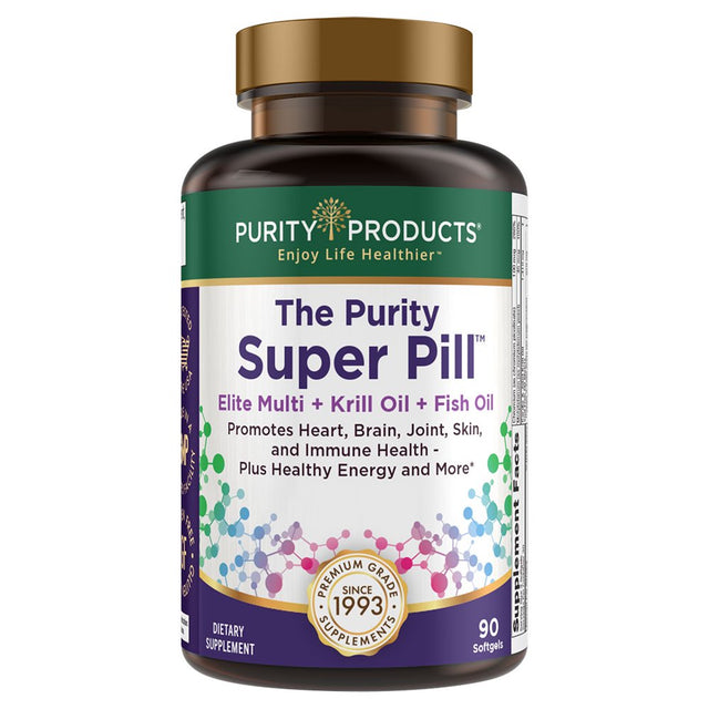 Purity Super Pill - Purity Products - Elite Multi + Krill Oil + Fish Oil - Vitamins + Minerals, Coq10, Lutein - 6 Advanced Formulas in 1 Supports Healthy Brain, Joints, Heart + More - 90 Ct.