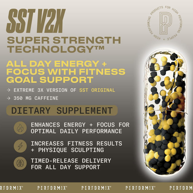 PERFORMIX - SST V3X - Pre Workout - 350 Mg Caffeine - Energy Supplements - No Crash - Fitness Goals - Nootropic - Timed-Release for All Day Focus, Mood & Energy Boost - Men & Women - 60 Capsules