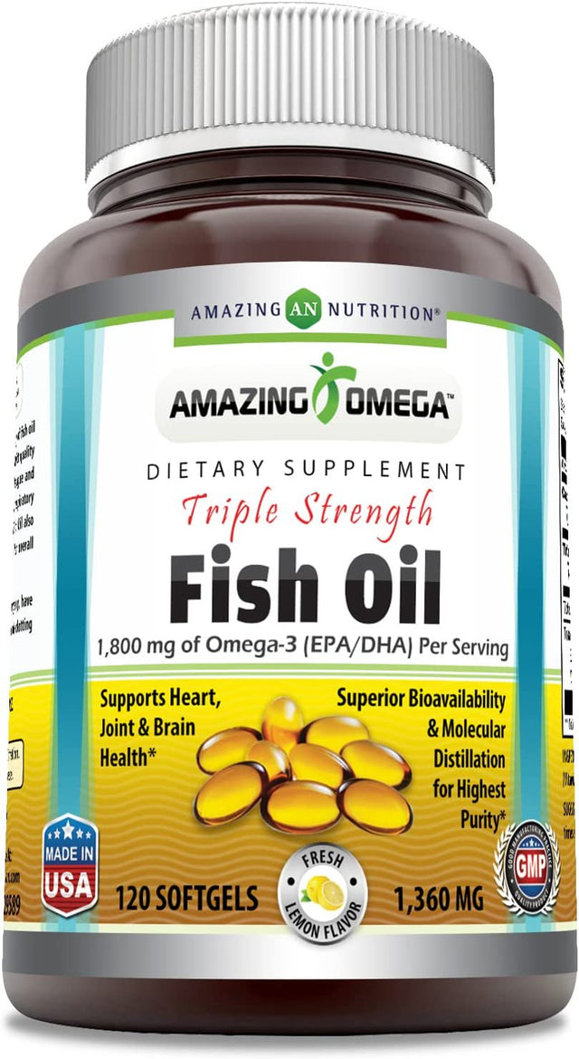 Amazing Omega Triple Strength Fish Oil 1360 Mg, Lemon Flavor Softgels -Supports Heart, Joint & Brain Health -Superior Bioavailability & Molecular Distillation for Highest Purity(120 Count)