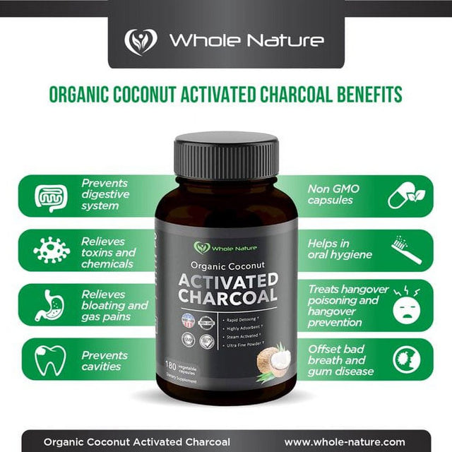 Whole Nature Pure Organic Coconut Activated Charcoal Supplements, 90 Servings / 180 Vegan Capsules (2PK)