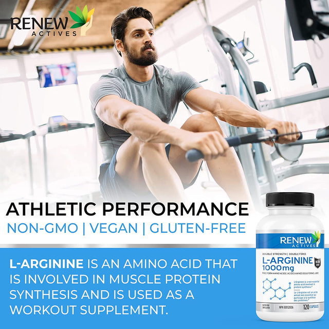 Renew Actives L-Arginine 1000Mg, 120 Count, Maximum Potency Pre Workout Amino Energy Supplement, for Muscle Recovery and Metabolism Booster, Easy to Swallow, Non-Gmo, Gluten-Free, Made in Canada!