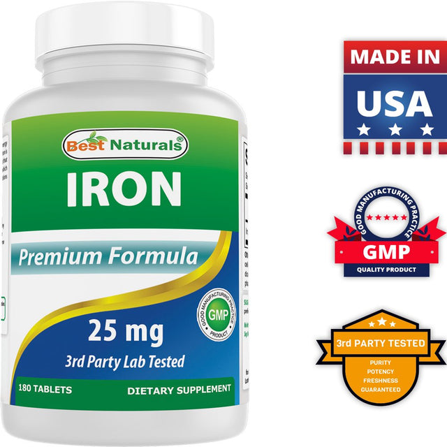 Best Naturals Iron Supplement (Iron Bisglycinate) - 25Mg - 180 Tablets - Gentle of Stomach - Non-Constipating