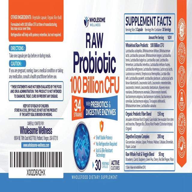 Raw Probiotics 100 Billion CFU, Organic Dr Formulated Probiotics for Women, Probiotics for Men and Adults, Complete Shelf Stable Probiotic Supplement with Prebiotics & Digestive Enzymes; 30 Capsules