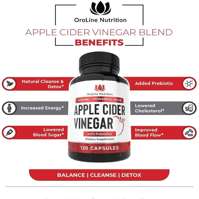 Organic Apple Cider Vinegar Capsules (120 Capsules | 1500 Mg) with Prebiotics | Apple Cider Vinegar Pills | Fiber Supplement for Immune Support & Gut Health