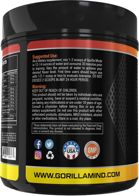 Gorilla Mode Pre Workout - Massive Pumps · Laser Focus · Energy · Power - L-Citrulline, Creatine, Glycerpump™, L-Tyrosine, Agmatine, Kanna, N-Phenethyl Dimethylamine Citrate - 574 Grams (Bombsicle)