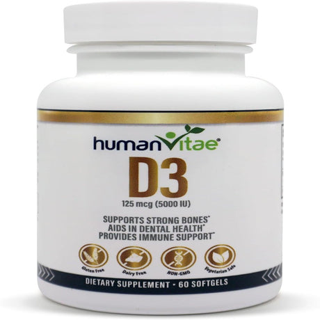 Human Vitae Vitamin D3 5000 IU - 60 Softgel Capsules for Immune Support and Bone Health