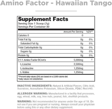 Amino Factor Instantized Bcaas, Hawaiian Tango, 30 Servings - Sugar Free Branched Chain Amino Acids Intra & Post Workout Drink - Improve Muscle Recovery & Hydration