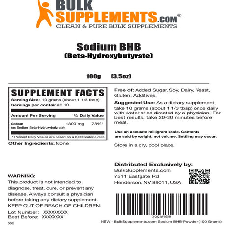 Bulksupplements.Com Sodium BHB Powder, 10G - Exogenous Ketones (100 Grams)