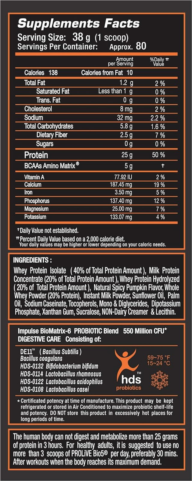 Impulse Supplements 25G Premium Protein Blend Low Carb with Whey Protein Concentrated +Whey Protein Isolate +Hydrolyzed Protein Powder -6 Lbs with 5G BCAA and Collagen, Non-Gmo. Spicy Pumpkin 6 LBSF