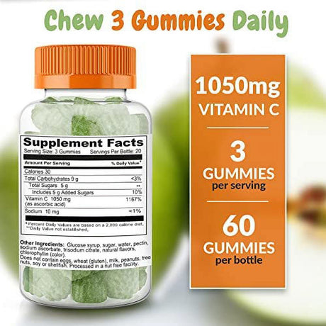 Vitamin C 1050Mg Immune Support Booster Gummies 2 Pack | Daily Dietary Supplement | Natural Yummy Sour Apple Flavor Gummy | Vegan, Plant Based Pectin - for Adult Men Woman Teens & Kids