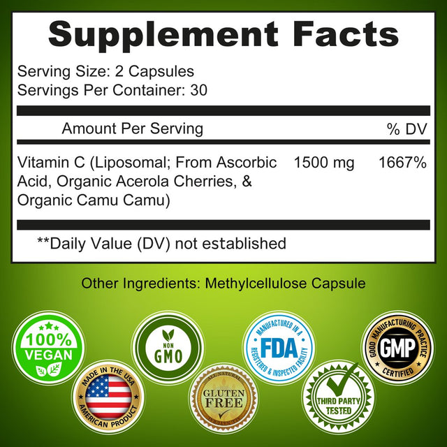 Supplements Studio Liposomal Vitamin C 1500Mg - Organic Acerola Cherries & Camu Camu High Potency Vitamin C - Non-Gmo 60 Count