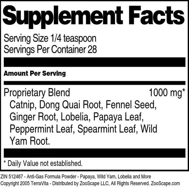 Terravita Anti-Gas Formula Powder - Papaya, Wild Yam, Lobelia and More, (1 Oz, 1-Pack, Zin: 512467)